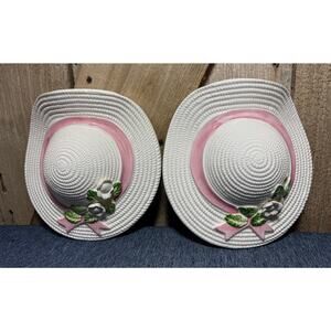 2- Burwood White Ceramic Straw Sun Hat Wall Pocket Planter Pink Ribbon and Roses